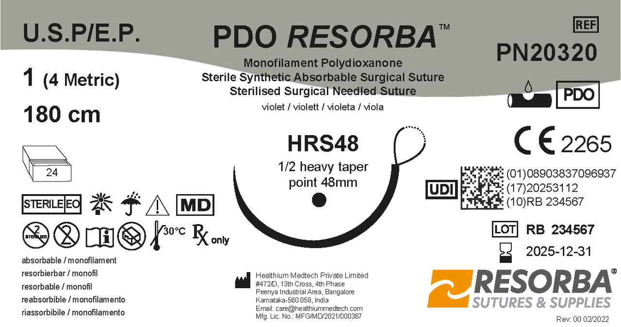 ПДО Ресорба USP1 фіолетовий, петля 180см, збільш. колюча голка 48 мм, 1/2 кола